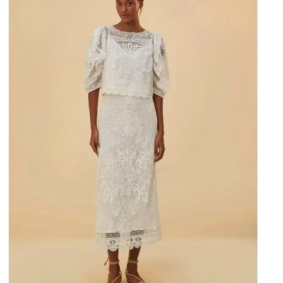 Farm Rio White Guipure Crochet Lace Midi Skirt, Coastal Bridal Boho Beachy Large - Picture 2 of 16